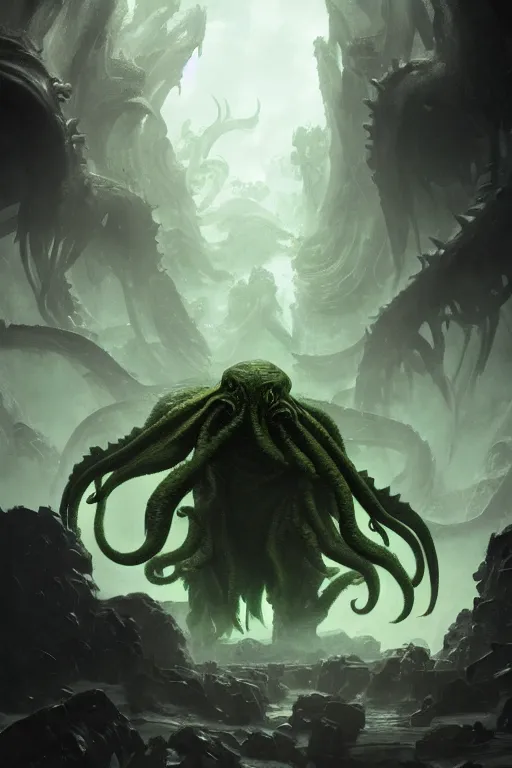 Image similar to cthulhu, huge, towering, gigantic, high octane, 8 k, digital art, magic the gathering, mtg, by greg rutkowski, trending on artstation