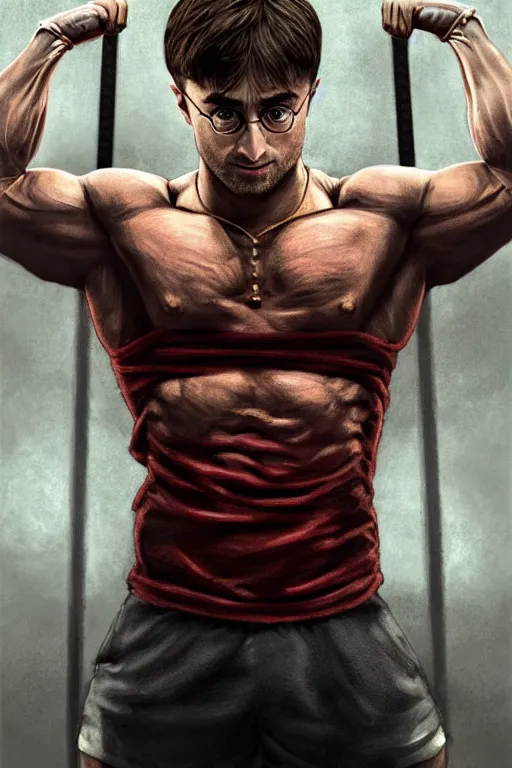 Image similar to highly detailed rendering of Daniel Radcliffe as Harry Potter doing barbell back squats, dingy workout gym, wearing a muscle tee shirt, muscular deep squats, symmetrical, highly detailed, digital painting, artstation, concept art, smooth, sharp focus, illustration, cinematic lighting, art by artgerm and greg rutkowski and alphonse mucha