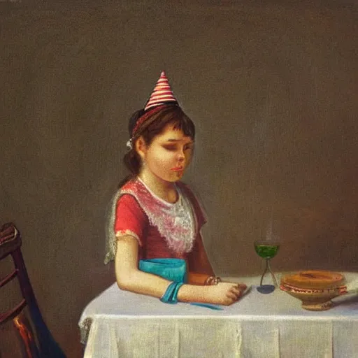 Prompt: a girl with a white headkerchief sitting alone on a birthday table looking sad high detailed painting