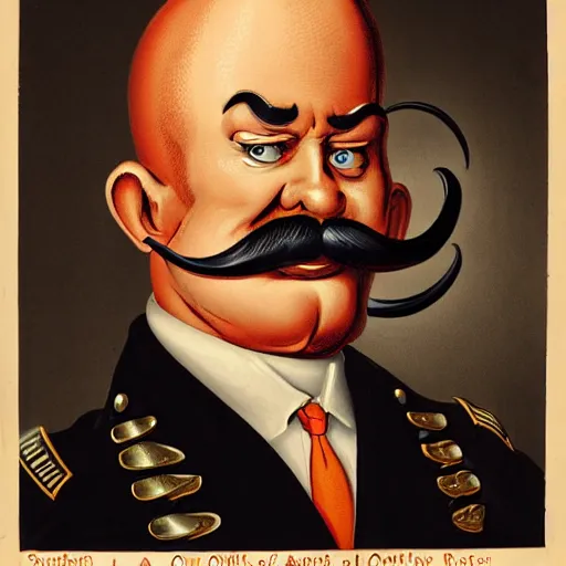 Prompt: a caricature of an angry south-americam muscular army general, thick mustache, bald, orange skin, pear-shaped skull with the thicker part at the bottom, with a golden ring around his head, high-quality digital art