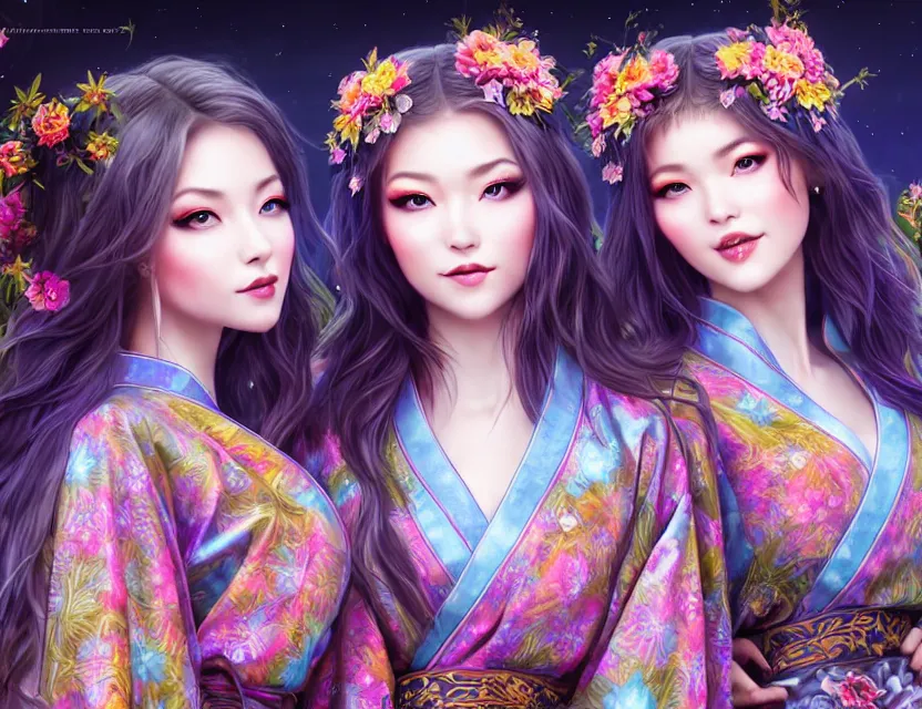 Image similar to two beautiful alluring siberian girls wear fantasy kimono in festival | | sunny night, full moon, dreamlike art, realistic shaded, smile, good looking, hyper details, 4 k realistic, cryengine, realistic shaded lighting poster by artgerm, ross tran, fuji choko, 8 k resolution, trending on artstation, luxury