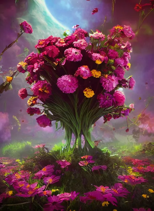 Image similar to An epic fantastic realism comic book style painting of the most beautiful flowers launched across the galaxy, bouquets, fisheye lens, unreal 5, DAZ, hyperrealistic, octane render, dynamic lighting