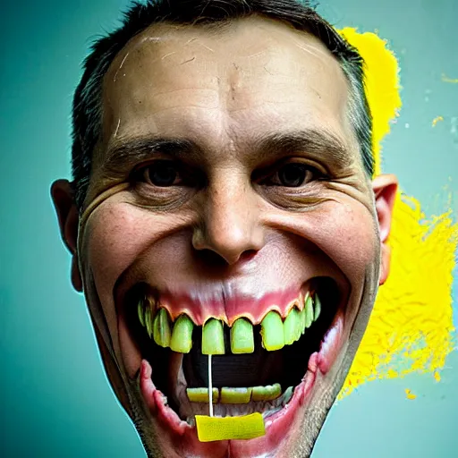 Image similar to dentist portrait of a dentist with large, giant teeth, rotten teeth, yellow, broken, cavities, moldy by Mark Brooks and WLOP