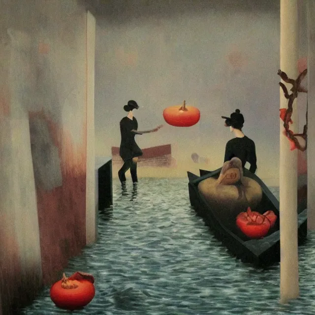 Image similar to tall female emo vegan socialist artist in their flooded apartment, painting of flood waters inside an artist's home, a river flooding indoors, pomegranates, pigs, ikebana, zen, water, octopus, river, rapids, waterfall, black swans, canoe, berries, acrylic on canvas, surrealist, by magritte and monet