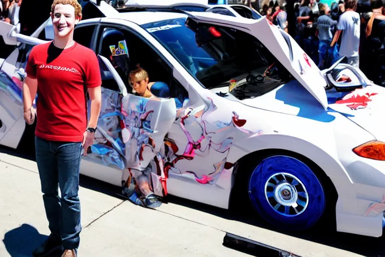 Image similar to mark Zuckerberg and his anime wrapped honda civic at a car show