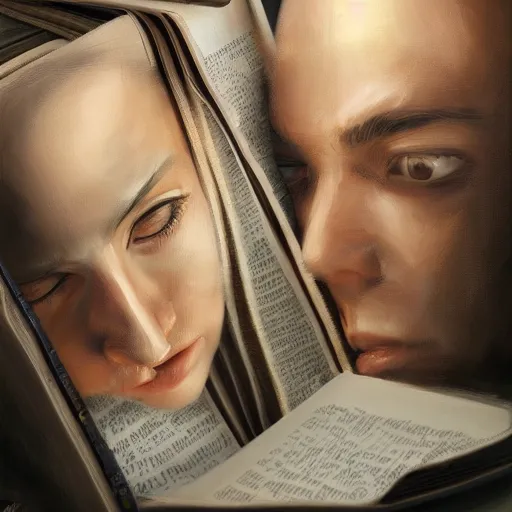 Image similar to a realistic painting of three male and one female characters emerging from inside a book, trending on artstation, detailed digital art