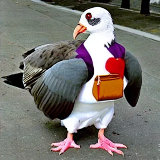 Prompt: anthropomorphic carrier pigeon cosplaying as jim carrey