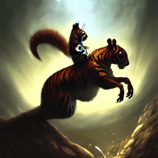 Image similar to Squirrel knight riding tiger, magic the gathering artwork, D&D, fantasy, cinematic lighting, centered, symmetrical, highly detailed, digital painting, artstation, concept art, smooth, sharp focus, illustration, volumetric lighting, epic Composition, 8k, art by Akihiko Yoshida and Greg Rutkowski and Craig Mullins, oil painting, cgsociety