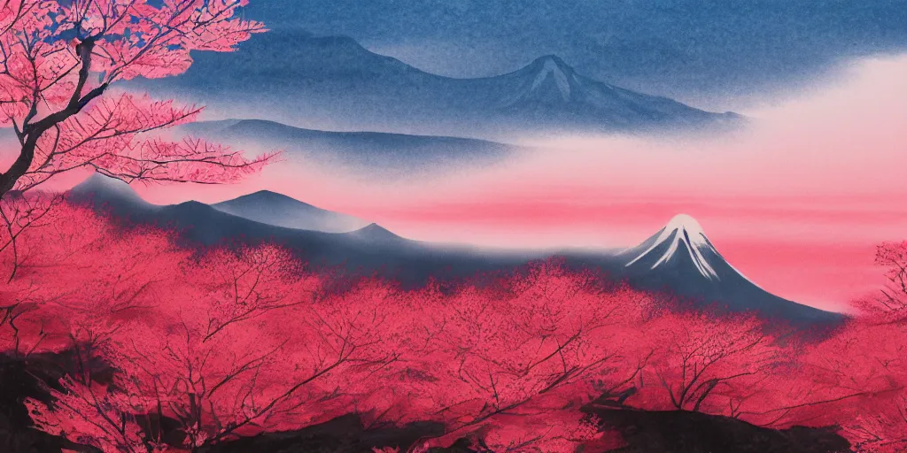 Image similar to japanese ink painting of a blooming cherry blossom forest with mountains in the background and a deep red sun, highly detailed, vivid colors, cinematic lighting, 8 k, trending on artstation