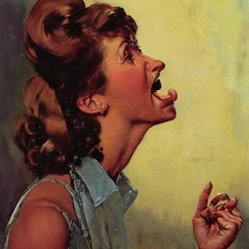 Image similar to head and shoulders portrait of woman, fierce, shouting, snarling, fully clothed, three quarter profile, norman rockwell, jacob collins, tom lovell, frank schoonover