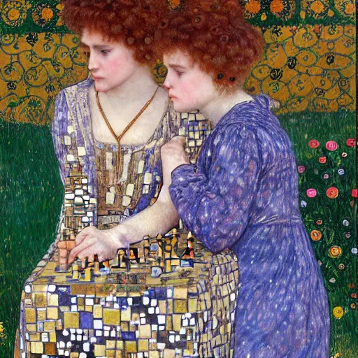 Prompt: two young edwardian women playing chess, in the style of Gustav Klimt