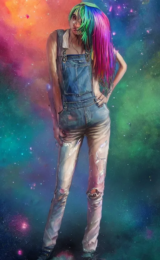 Prompt: a beautiful grungy woman with rainbow hair, drunk, angry, soft eyes and narrow chin, dainty figure, long hair straight down, torn overalls, nebula background, side boob, in the rain, wet shirt, symmetrical, single person, style of by Jordan Grimmer and greg rutkowski, crisp lines and color,