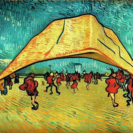 Image similar to a giant triangular dumpling with meat in the center eats people in the city of the future, people run and scream, by van gogh, realism, futurism