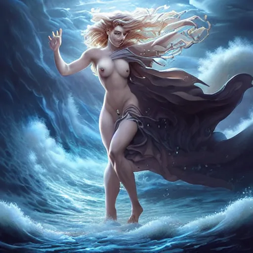 Prompt: powerful goddess of water clothed in swirling water striding through a stormy sea, highly detailed matte fantasy painting, stormy lighting, by Ross Tran and Artgerm and Peter Mohrbacher