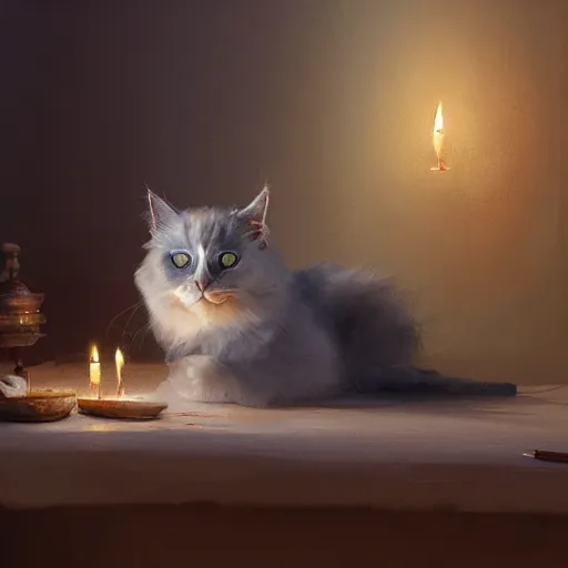 Image similar to Concept art, beautiful painting of a Ragdoll cat, shining its light among candles, 8k, james gurney, greg rutkowski, john howe, artstation