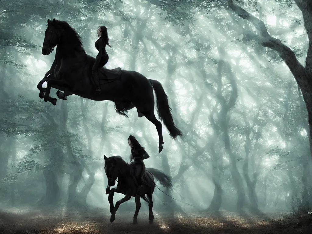 Image similar to a woman riding on a black horse through a oak and beech forrest, rays of light, cinematic, fantasy art, moody morning light, trending on artstation, by peter jackson