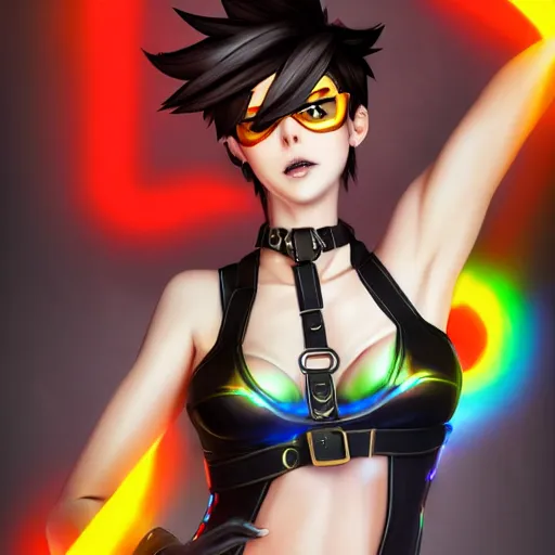 Image similar to full body digital artwork of tracer overwatch, wearing black iridescent rainbow latex tank top, 4 k, expressive happy smug expression, makeup, in style of mark arian, wearing detailed black leather collar, chains, black leather harness, detailed face and eyes,