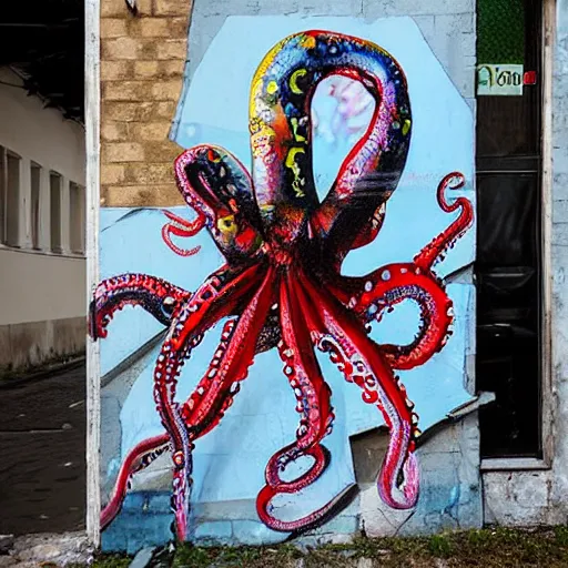 Prompt: octopus street graphitti, tentacles, by bordalo ii and artur bordalo