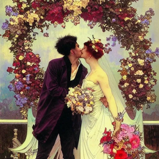 Image similar to the groom kisses the bride at a wedding full of flowers, bright and happy, dreamlike art, highly detail, 4 k realistic, wedding photoy krenz cushart. artem demura. alphonse mucha. yoji shinkawa artgerm. jon lothian. danilo torres. adi meyers. thomas reimann. gaston bussiere.