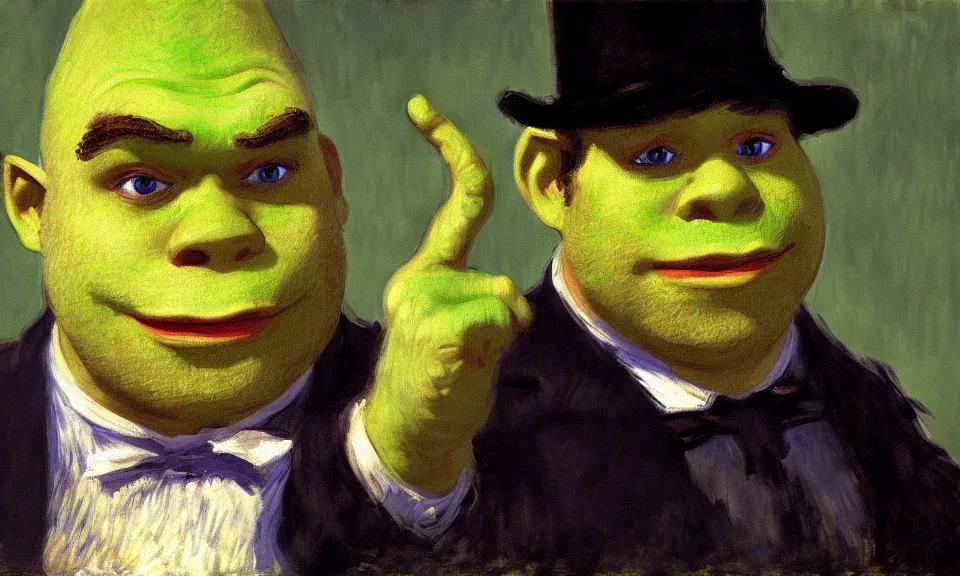 Image similar to a impressionist painting of shrek by edouard manet and claude monet, 4 k, trending on artstation, detailed, film still