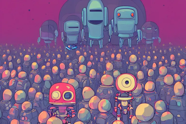 Prompt: cell shaded cartoon of a sad cute little robot doll sitting alone in a crowd of extraterrestrial creatures, loud colors, post grunge, concept art by by sydney prior hall and james jean, victo ngai, david rubin, mike mignola, laurie greasley, highly detailed, sharp focus, hq, deviantart, art by artgem