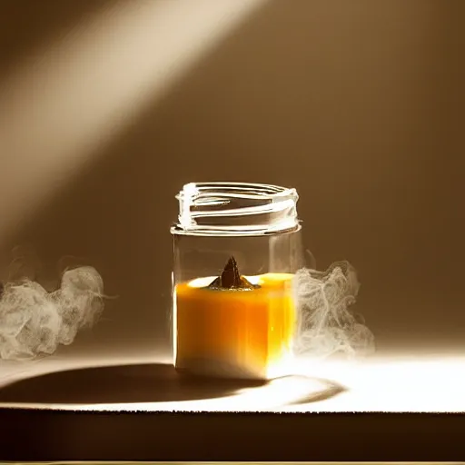 Image similar to smokey dreams in a jar, light by a single ray of sunlight, Award Winning Masterpiece On 85mm by Simon Bruntnell