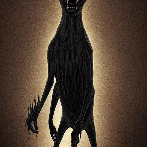 Image similar to tall bipedal creature in the darkness, long claws, large long pointy teeth, drooling, hunched over, hairless, dark cavern, no light, highly intricate, detailed, 8 k