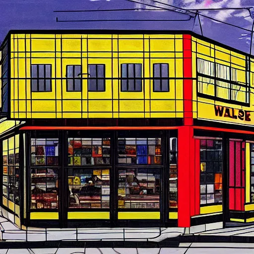 Image similar to waffle house store but the sign says awful waffle by piet mondrian, damien hirst, marcel duchamp, architecture design, detailed