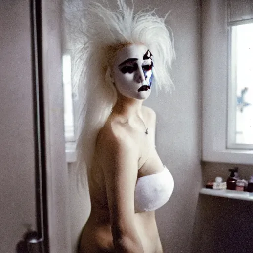 Image similar to a 2 0 y. o. girl with white hair and makeup in a bathroom, an album cover by nan goldin, tumblr, international gothic, goth, antichrist, gothic