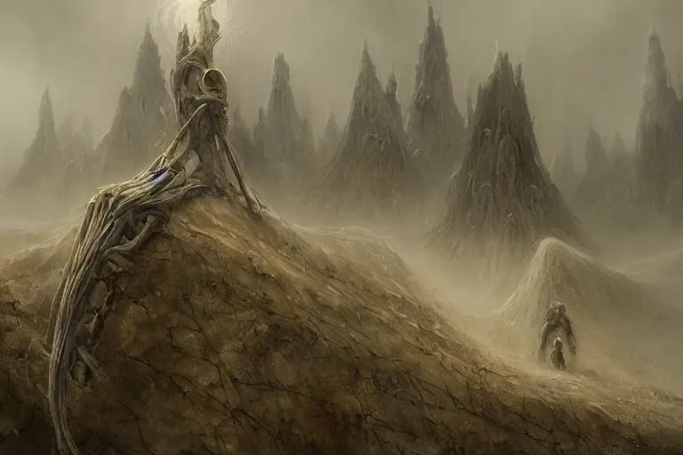 Image similar to prophecy, moody, amazing concept painting, art station, by Jessica Rossier and HR giger and Beksinski, the middle of a valley; it was full of bones, bones that were very dry, there was a noise, a rattling sound, and the bones came together, bone to bone , I looked, and tendons and flesh appeared on them and skin covered them, but there was no breath in them and breath entered them, they came to life and stood up on their feet a vast army