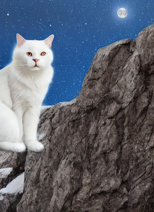 Image similar to giant white cat on a snowy mountain with lightning coming out of its paws, blue sky background with moon