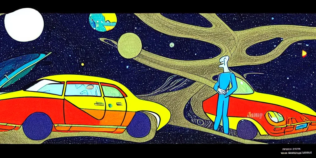 Image similar to traditional drawn colorful animation a car with solo man with sad face to valley symmetrical architecture on the ground, space station planet afar, planet surface, ground, tree, outer worlds extraterrestrial hyper contrast well drawn Metal Hurlant Pilote and Pif in Jean Henri Gaston Giraud animation film The Masters of Time FANTASTIC PLANET La planète sauvage animation by René Laloux