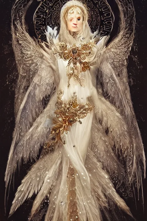 Prompt: white angel with wings, wearing diamond armor shining light, jewelry pearls, god rays by Karol Bak, Ayami Kojima, Amano
