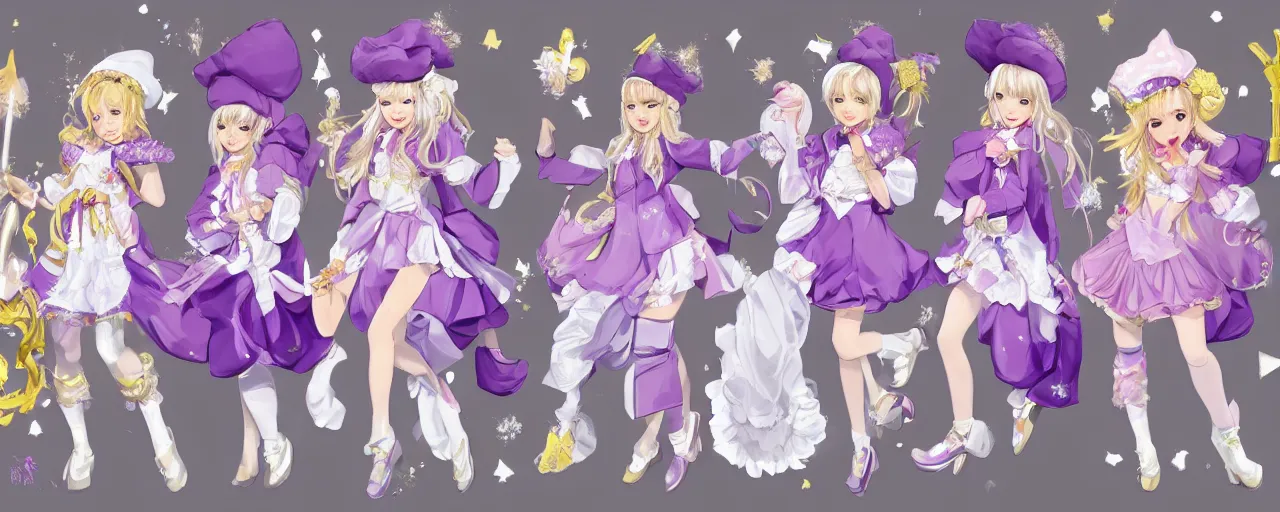 Prompt: A character sheet of full body cute magical girls with short blond hair wearing an oversized purple Beret, A purple and white dress uniform, Short Puffy pants made of silk, a fluffly petticoat, pointy jester shoes, a big billowy scarf, Golden Ribbon, and white leggings Covered in stars. Short Hair. Sunlit. Haute Couture.Art by william-adolphe bouguereau and Paul Delaroche and Alexandre Cabanel and Lawrence Alma-Tadema. Smooth. Elegant. Highly Detailed. Intricate. 4K. UHD. Denoise.