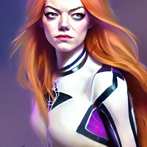 Image similar to beautiful Emma Stone as Spider-Gwen, western, closeup, D&D, fantasy, intricate, elegant, highly detailed, digital painting, artstation, concept art, matte, sharp focus, illustration, art by Artgerm and Greg Rutkowski and Alphonse Mucha