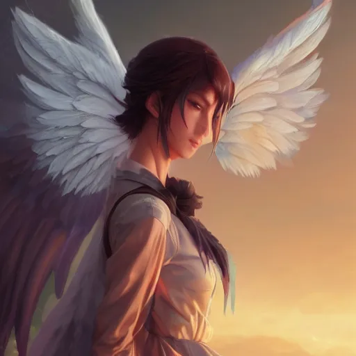 Image similar to an oil painting of a beautiful anime girl with wings, by artgerm, wlop and greg rutkowski, hd, hdr, ue 5, ue 6, unreal engine 5, cinematic 4 k wallpaper, 8 k, ultra detailed, high resolution, artstation, award winning