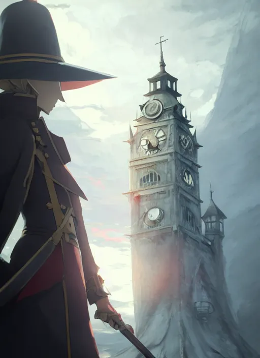 Image similar to lady maria of the astral clocktower, helm of second world war german warship landscape, illustration concept art anime key visual trending pixiv fanbox by wlop and greg rutkowski and makoto shinkai and studio ghibli and kyoto animation, fantasy, grimdark, volumetric lighting