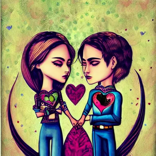 Image similar to perfectly centered symmetrical split male and female portrait of man and woman in love sharing one heart. art by jasmine becket griffith