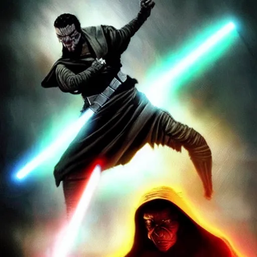 Image similar to evil mutant corrupted rey, using the force to kill, sith lord, dark side, cinematic movie image, both hands raised to use the force, yellow eyes, hd star wars photo