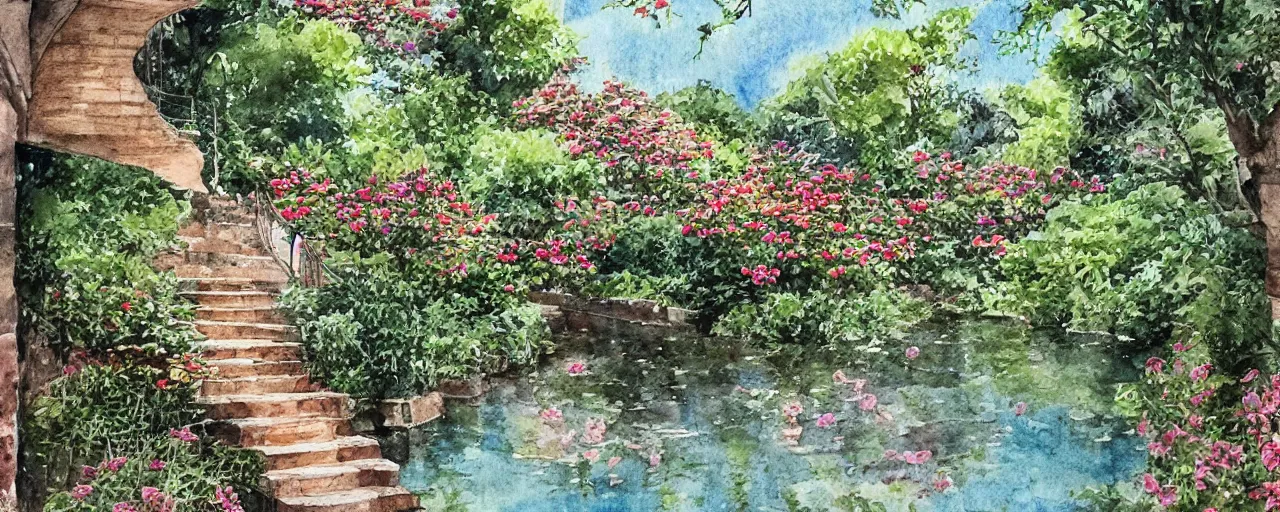 Image similar to isomeric view, stairway, delicate water in a botanic garden, garden road, sparrows, temple in a botanical herbarium paper, watercolor colored painting, iridescent colors, 8 k, realistic shaded, fine details, artstation, italian style, colonnade, flowers, architecture, roma