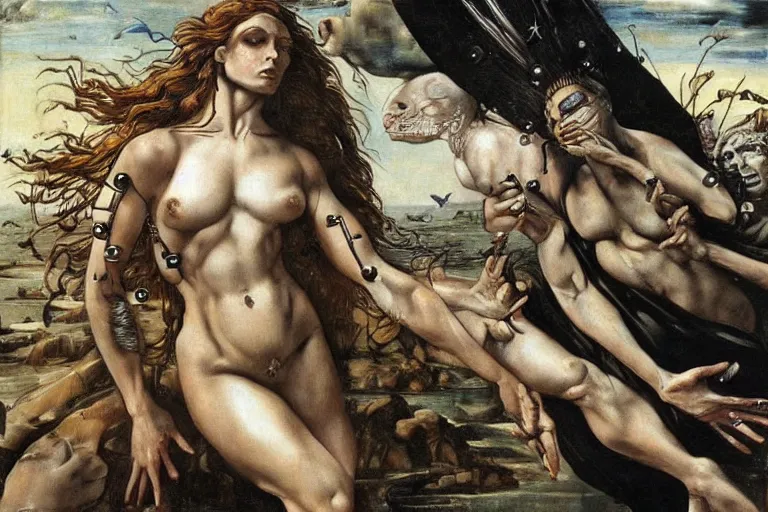 Image similar to The Birth of Venus repainted by Simon Bisley, extreme muscle tone, dramatic pose, cybernetically enhanced, cyberpunk, augmented human, by da Vinci, by HR Giger