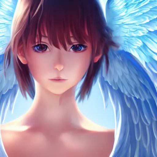 Image similar to an oil painting of a beautiful anime girl with angel wings, by artgerm, hd, hdr, ue 5, ue 6, unreal engine 5, cinematic 4 k wallpaper, 8 k, ultra detailed, high resolution, artstation, award winning