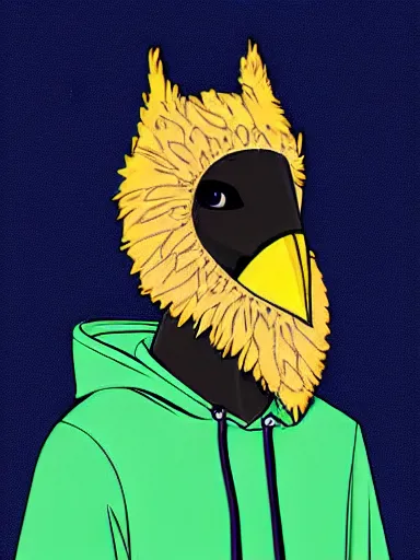 Image similar to portrait digital art. humanoid furry! anthro!!! anthro!!! anthro!!! avian, avian, avian!!! fursona, bird, bird, bird!!! digital art! trending on furaffinity! subject wearing hoodie and jeans!! subject is female!! female!!! big beak, big beak, big beak!!! blue feathers!! birdfolk!! owlkin!! detailed!!!