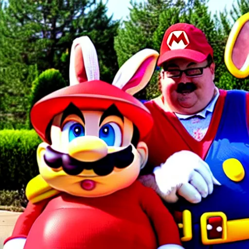 Image similar to real life big chungus dressed like mario, super mario with bunny ears, big chungus mario, fat bugs bunny, high resolution photo