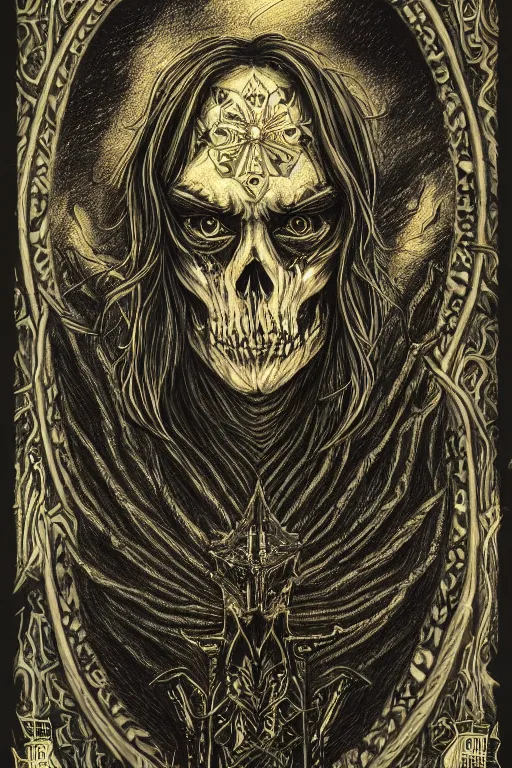 Prompt: Portrait of the Prince of Entropy, high fantasy, black paper, dark atmosphere, skulls, detailed, cinematic, ornate, tarot card, highly detailed, ink illustration, golden ratio, 8k,