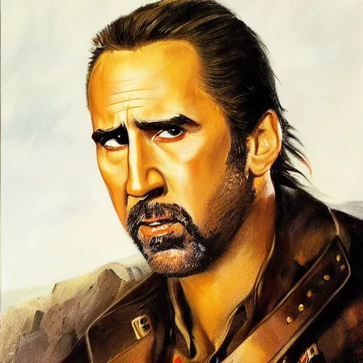 Prompt: ultra realistic portrait painting of nicholas cage as a western outlaw, art by frank frazetta, 4 k, ultra realistic, highly detailed, epic lighting