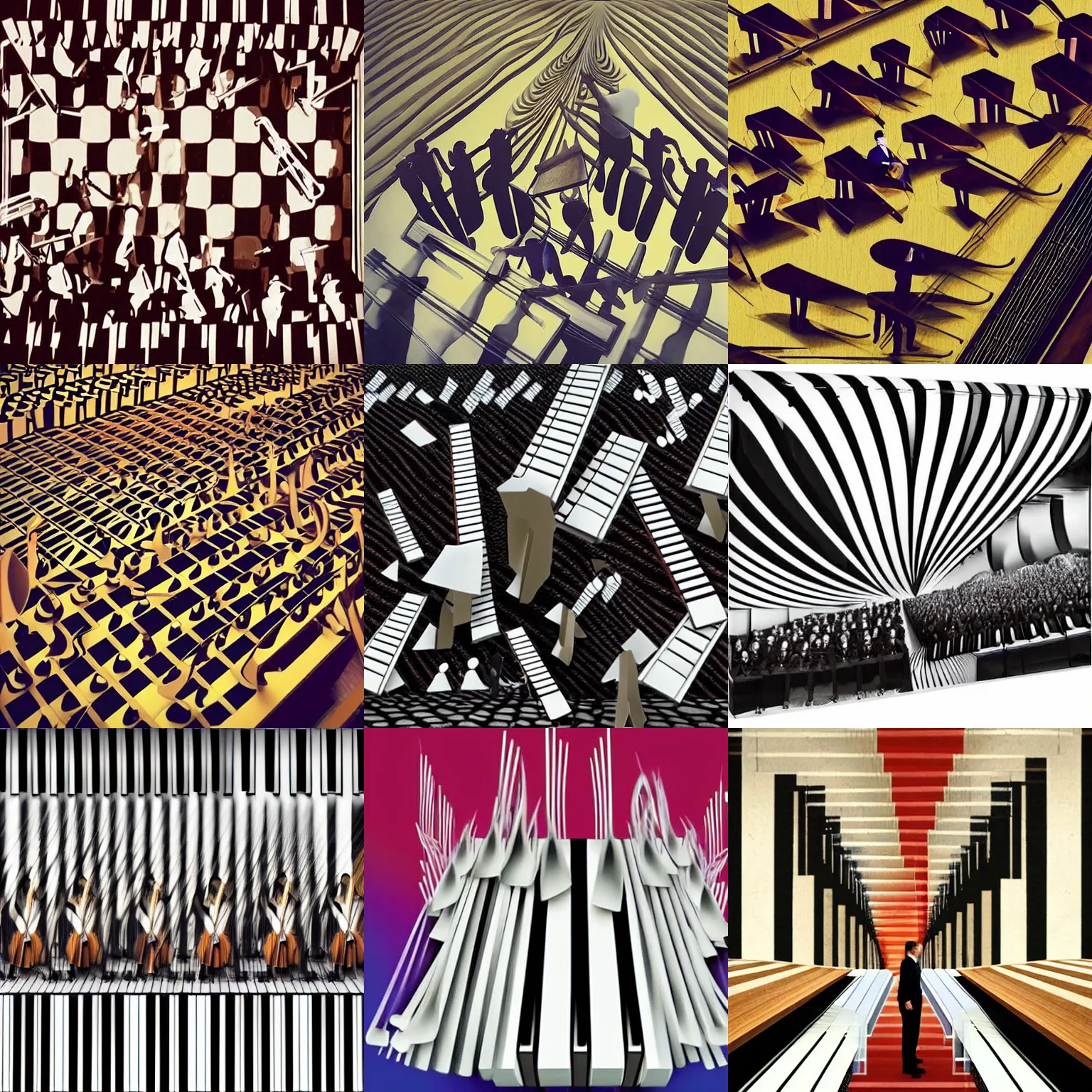 Prompt: members of an orchestra standing on floating piano keys, geometric patterns, surrealism
