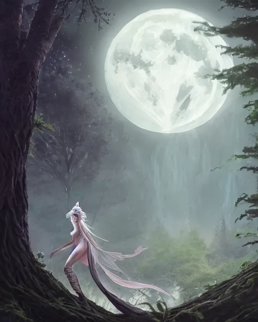 Image similar to attractive fairy goddness fly high in the night, d & d, fantasy, mist, full moon in background, trees, hyper detailed, art by artgerm and greg rutkowski and magali villeneuve, midium shot, 8 k realistic, cryengine, digital painting, trending on artstation, concept art, sharp focus, illustration,