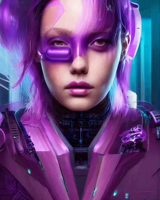 Image similar to portrait of a aesthetic beatiful woman with violet hair as a cyberpunk cyborg, sci - fi, missing panels, intricate abstract upper body intricate artwork, full body, by tooth wu, wlop, beeple, dan mumford. concept art, octane render, deviantart, greg rutkowski, cinematic, key art, hyperrealism, iridescent accents