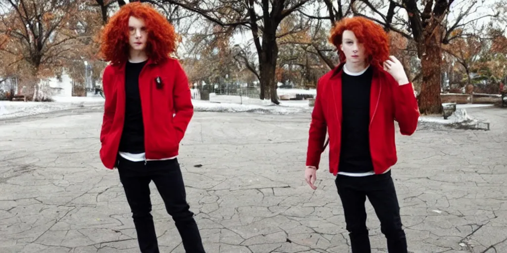 Image similar to man, man, man, man, red hair, black jacket, curly hair, fullbody, Caucasian, short hair,